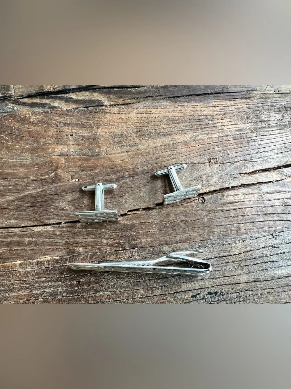 Woven Silver Tie Bar and Cufflinks Set